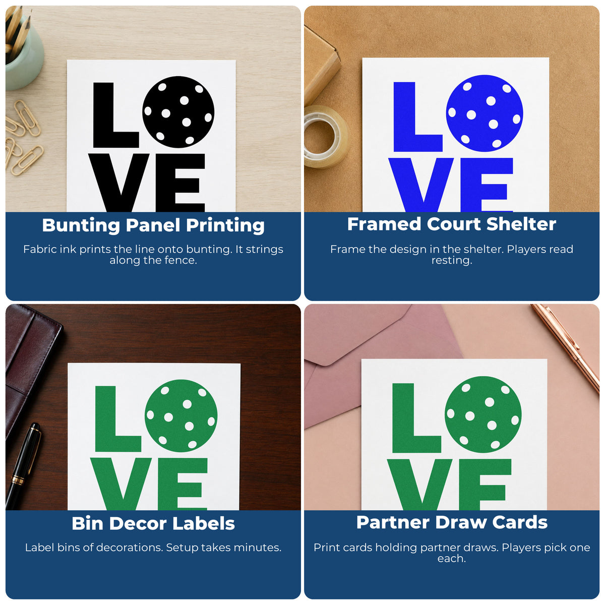 Four ways to use the Stacked Love Pickleball Ball Block Lettering Rubber Stamp – Duo Hand: bunting panel printing, framed court shelter, bin decor labels and partner draw cards.