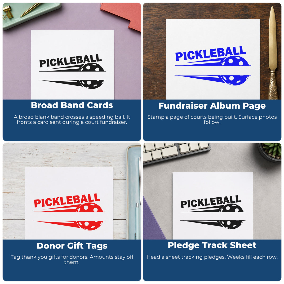 Four ways to use the Pickleball Speed Blank Banner Rubber Stamp – Wood Handle: broad band cards, fundraiser album page, donor gift tags and pledge track sheet.