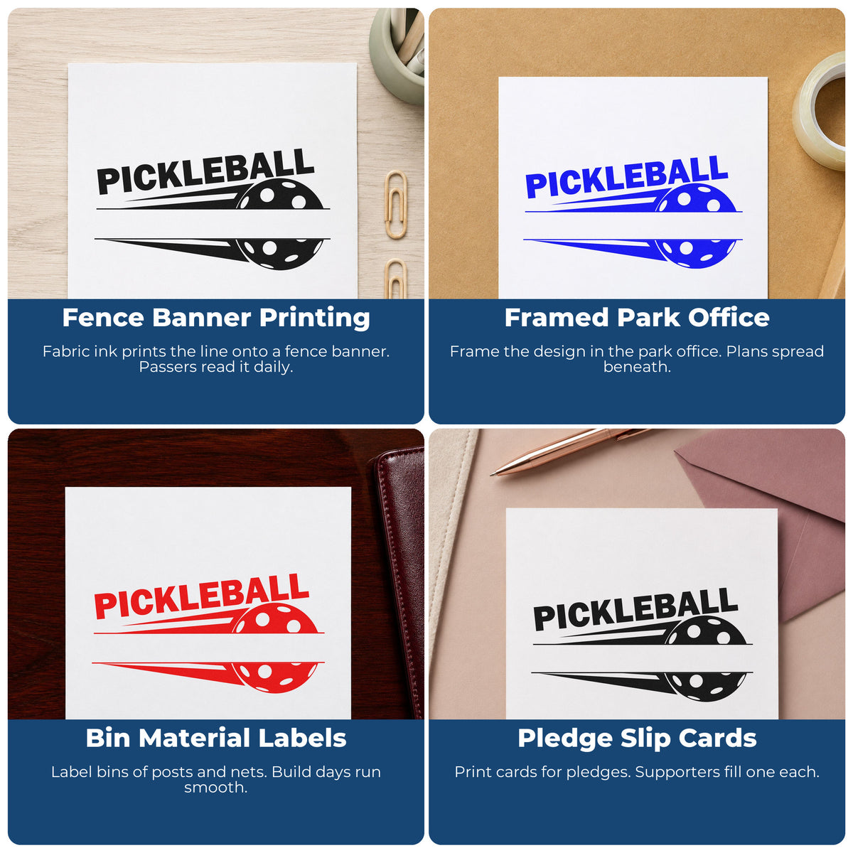 Four ways to use the Pickleball Speed Blank Banner Rubber Stamp – Wood Handle: fence banner printing, framed park office, bin material labels and pledge slip cards.
