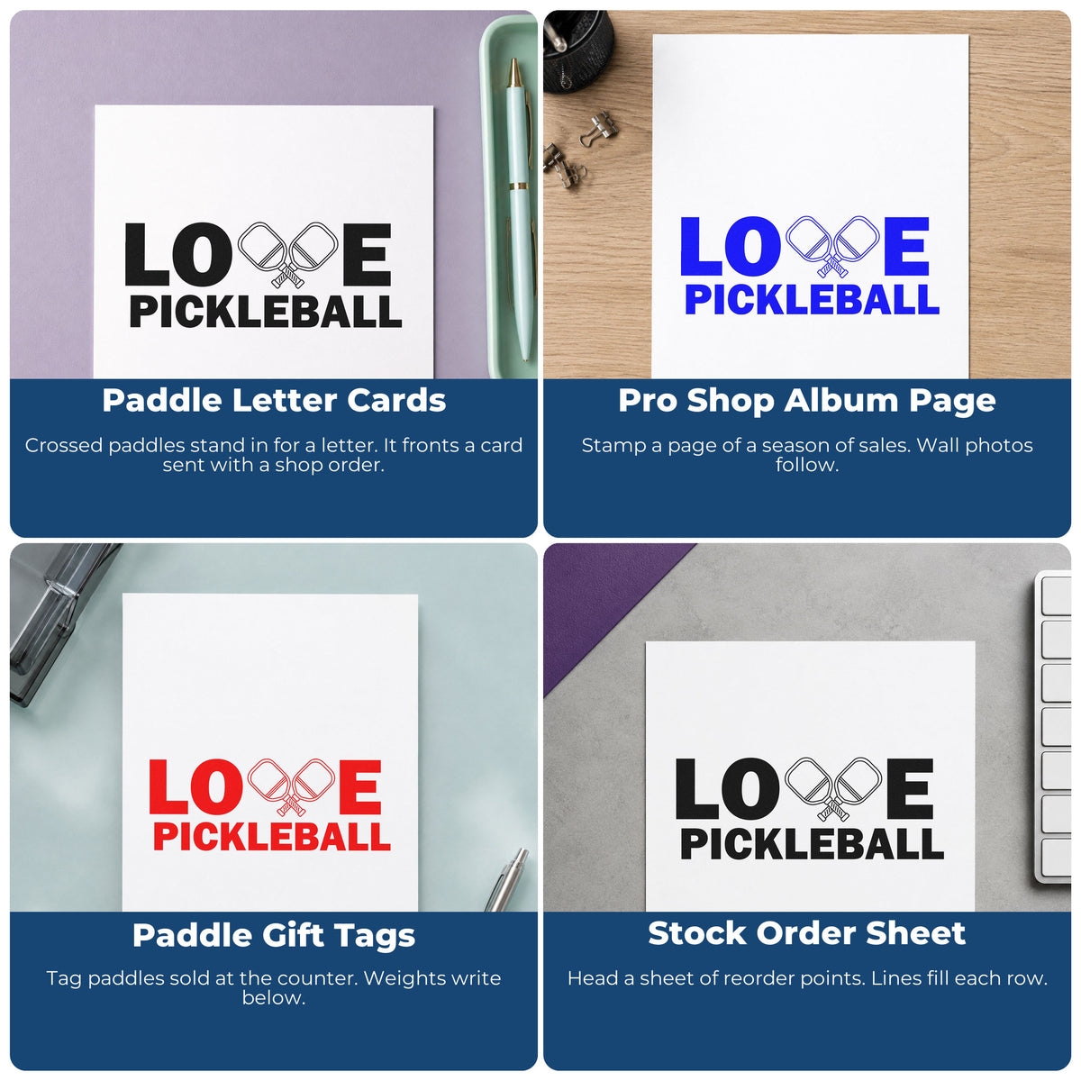 Four ways to use the Love Pickleball Crossed Paddles Rubber Stamp – Duo Hand: paddle letter cards, pro shop album page, paddle gift tags and stock order sheet.