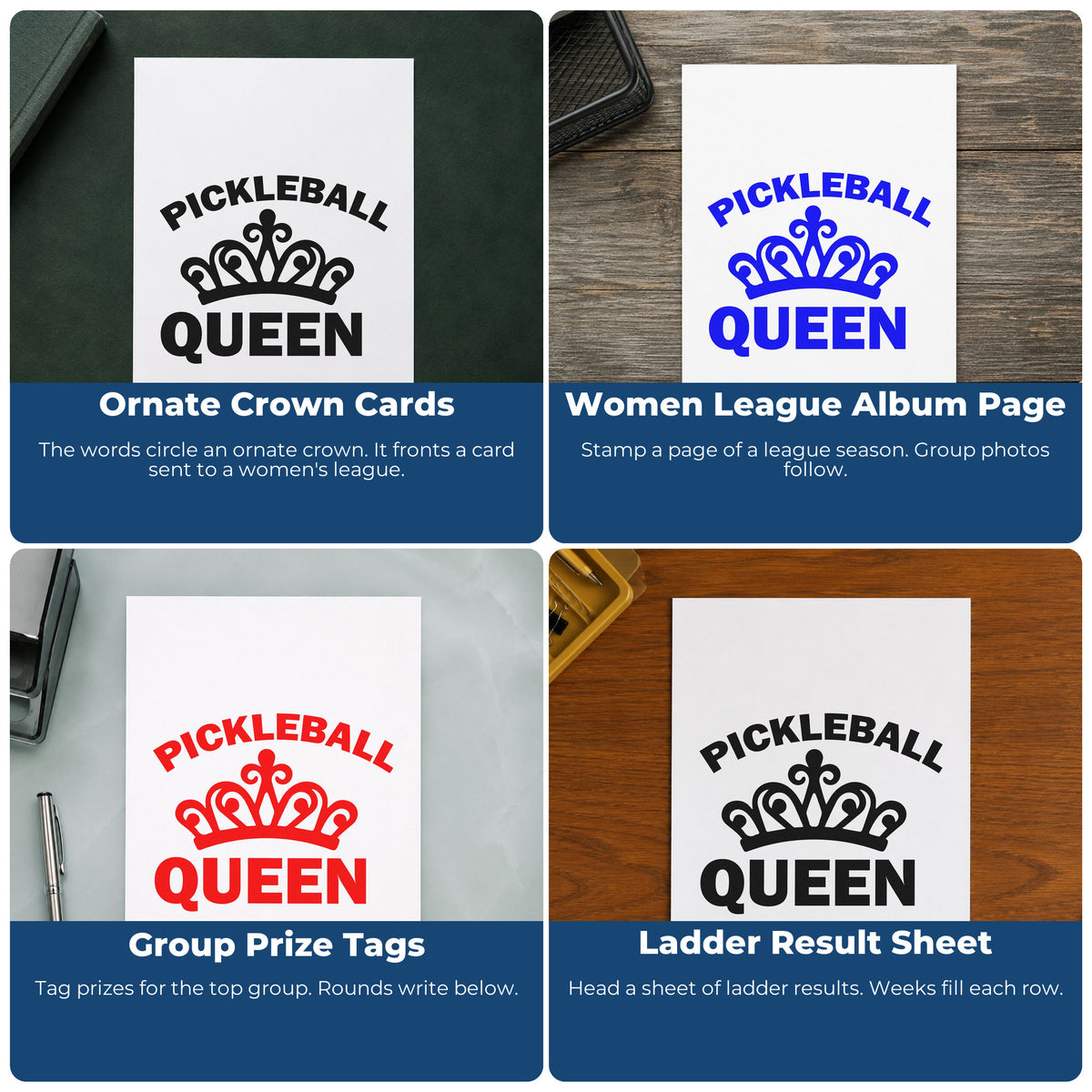 Four ways to use the Pickleball Queen Crown Stamp - Premium Vintage Pro Wooden: ornate crown cards, women league album page, group prize tags and ladder result sheet.