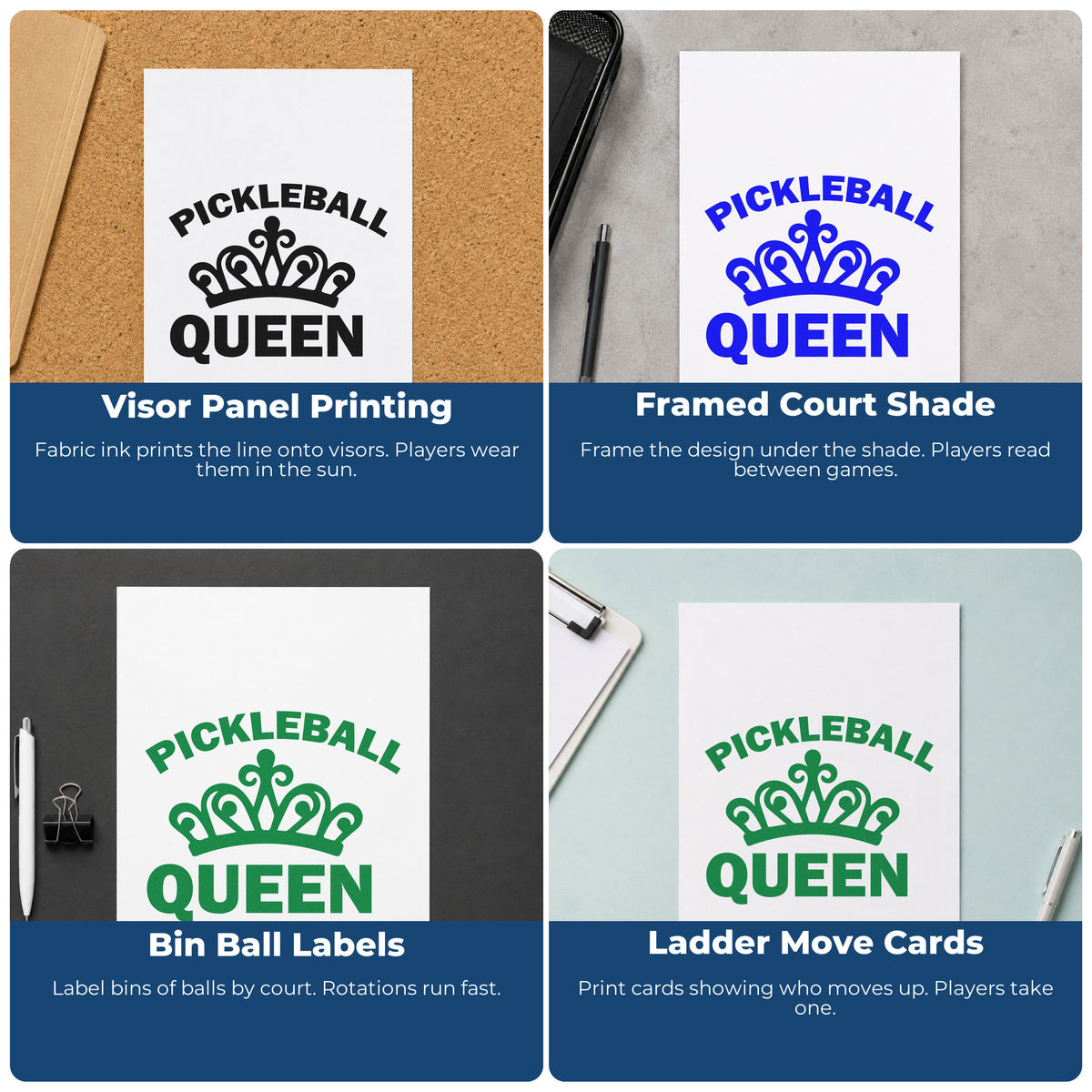 Four ways to use the Pickleball Queen Crown Stamp - Premium Vintage Pro Wooden: visor panel printing, framed court shade, bin ball labels and ladder move cards.