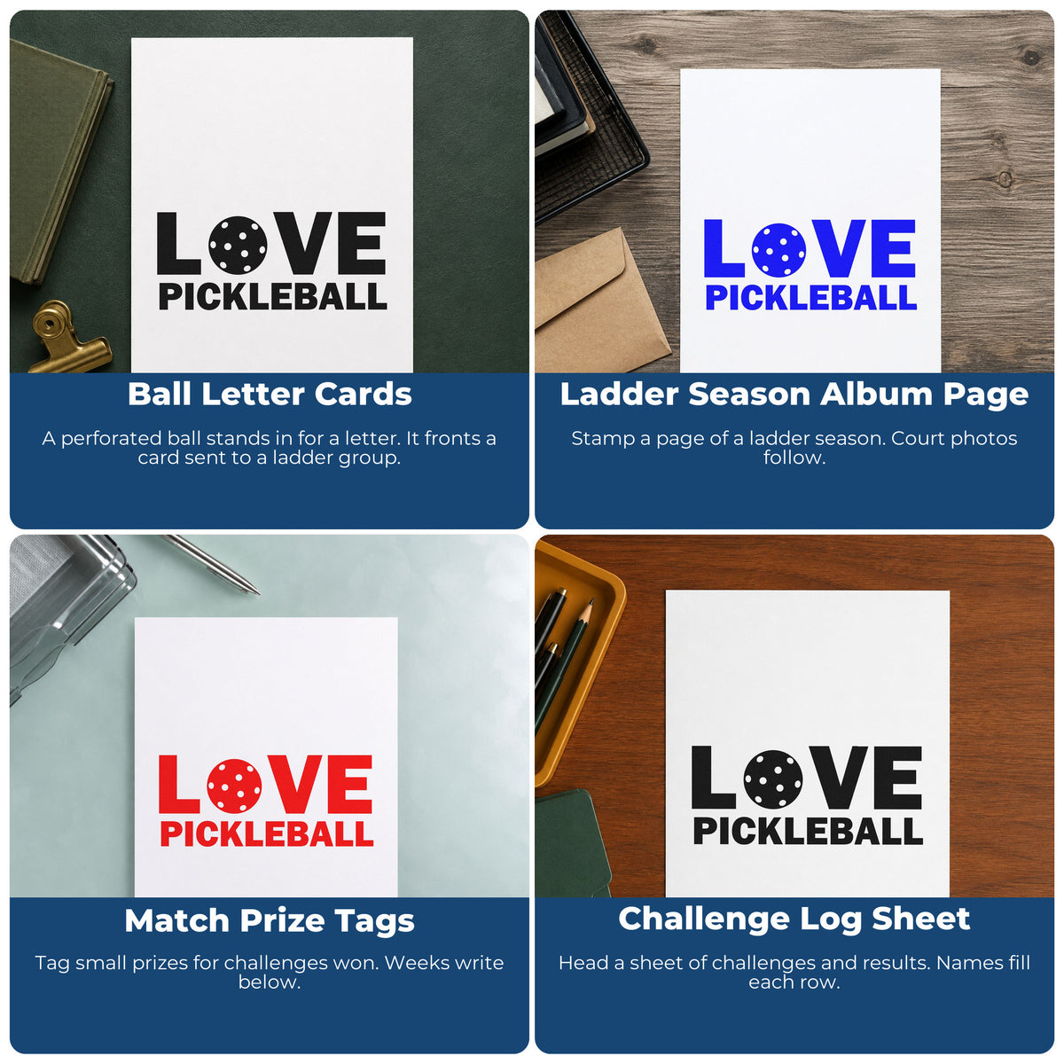 Four ways to use the Love Pickleball Ball Lettering Rubber Stamp – Duo Hand: ball letter cards, ladder season album page, match prize tags and challenge log sheet.