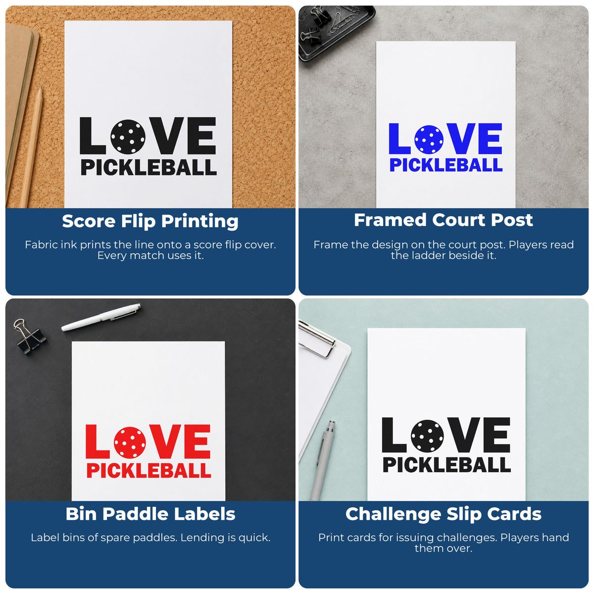 Four ways to use the Love Pickleball Ball Lettering Rubber Stamp – Duo Hand: score flip printing, framed court post, bin paddle labels and challenge slip cards.