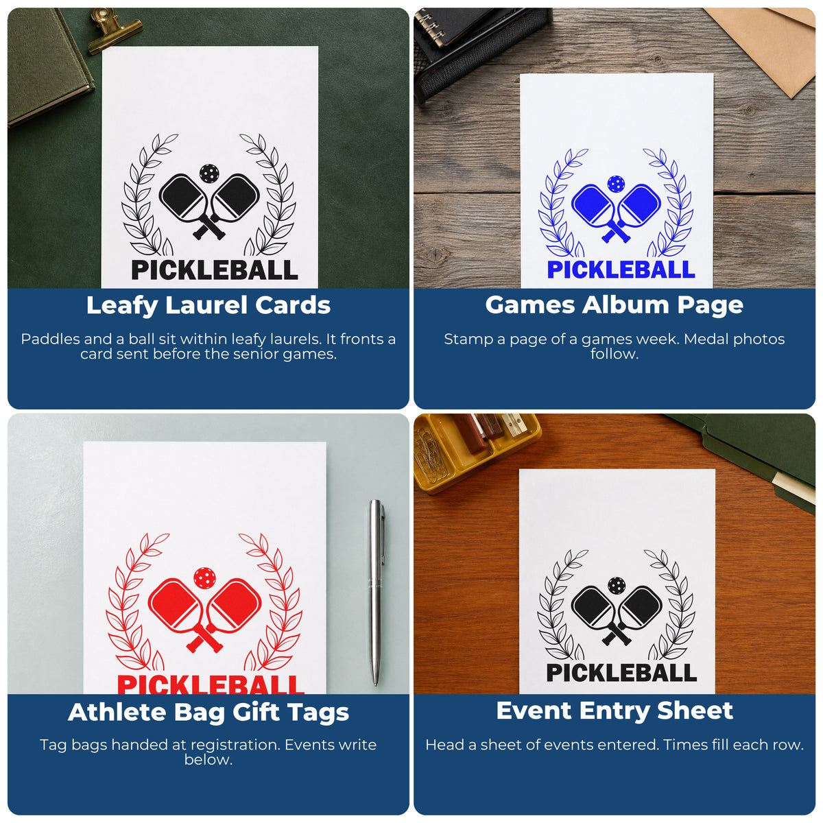 Four ways to use the Pickleball Laurel Paddle Emblem Stamp – Self-Inking: leafy laurel cards, games album page, athlete bag gift tags and event entry sheet.