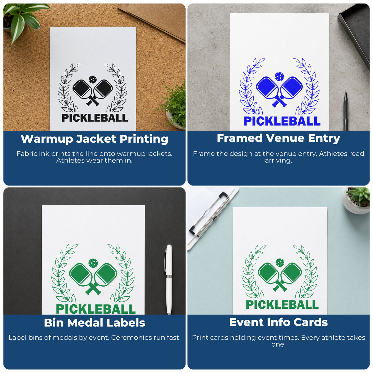 Four ways to use the Pickleball Laurel Paddle Emblem Stamp – Self-Inking: warmup jacket printing, framed venue entry, bin medal labels and event info cards.