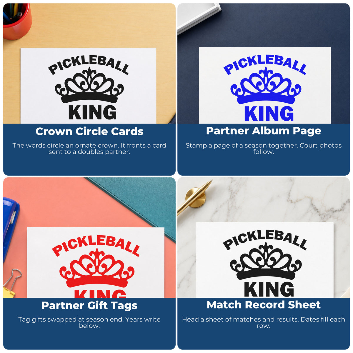 Four ways to use the Pickleball King Crown Stamp - Premium Vintage Pro Wooden: crown circle cards, partner album page, partner gift tags and match record sheet.