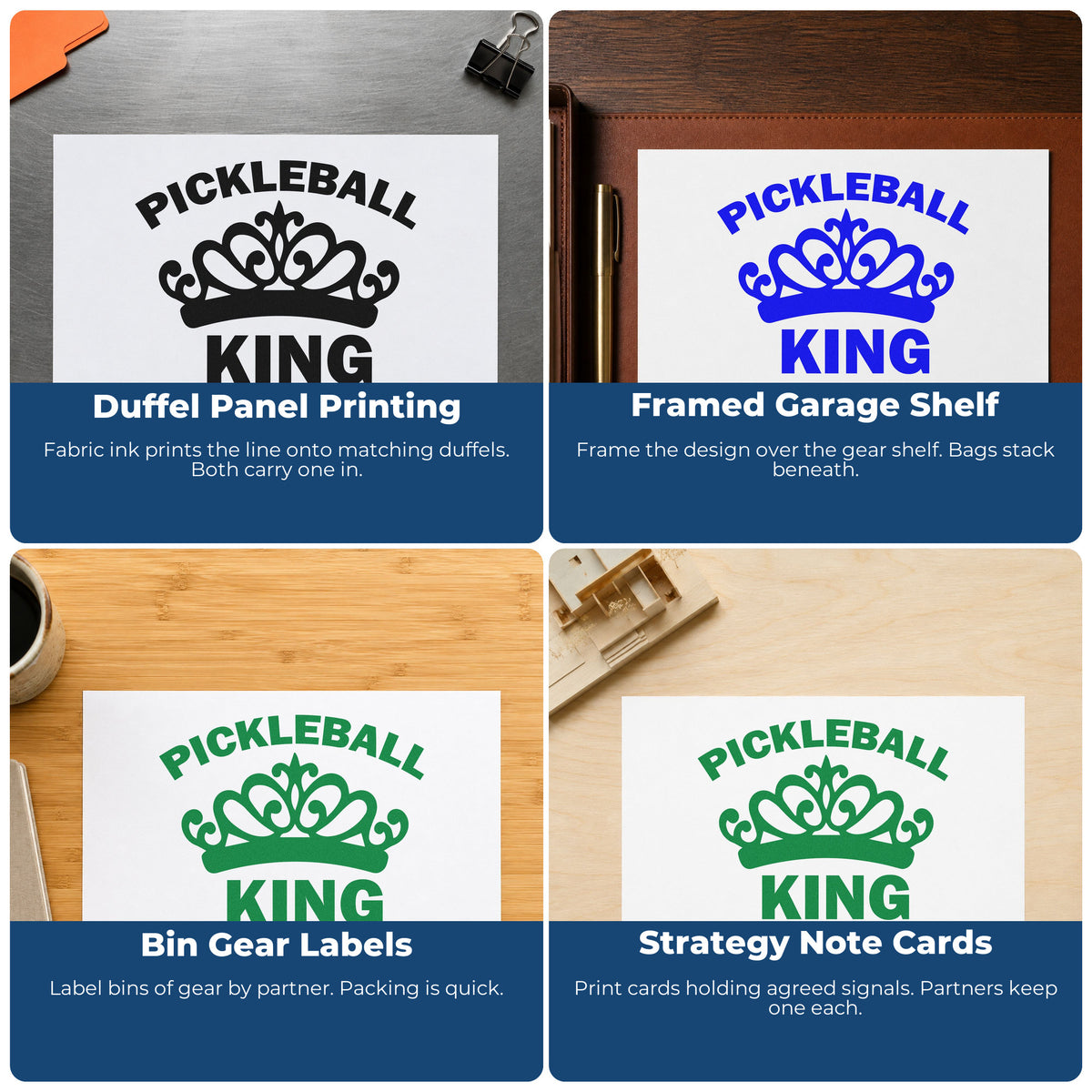 Four ways to use the Pickleball King Crown Pre-Inked Stamp – Slim: duffel panel printing, framed garage shelf, bin gear labels and strategy note cards.