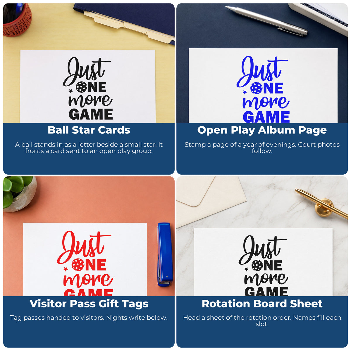 Four ways to use the Just One More Game Pickleball Premium Wooden Stamp - Vintage Pro: ball star cards, open play album page, visitor pass gift tags and rotation board sheet.