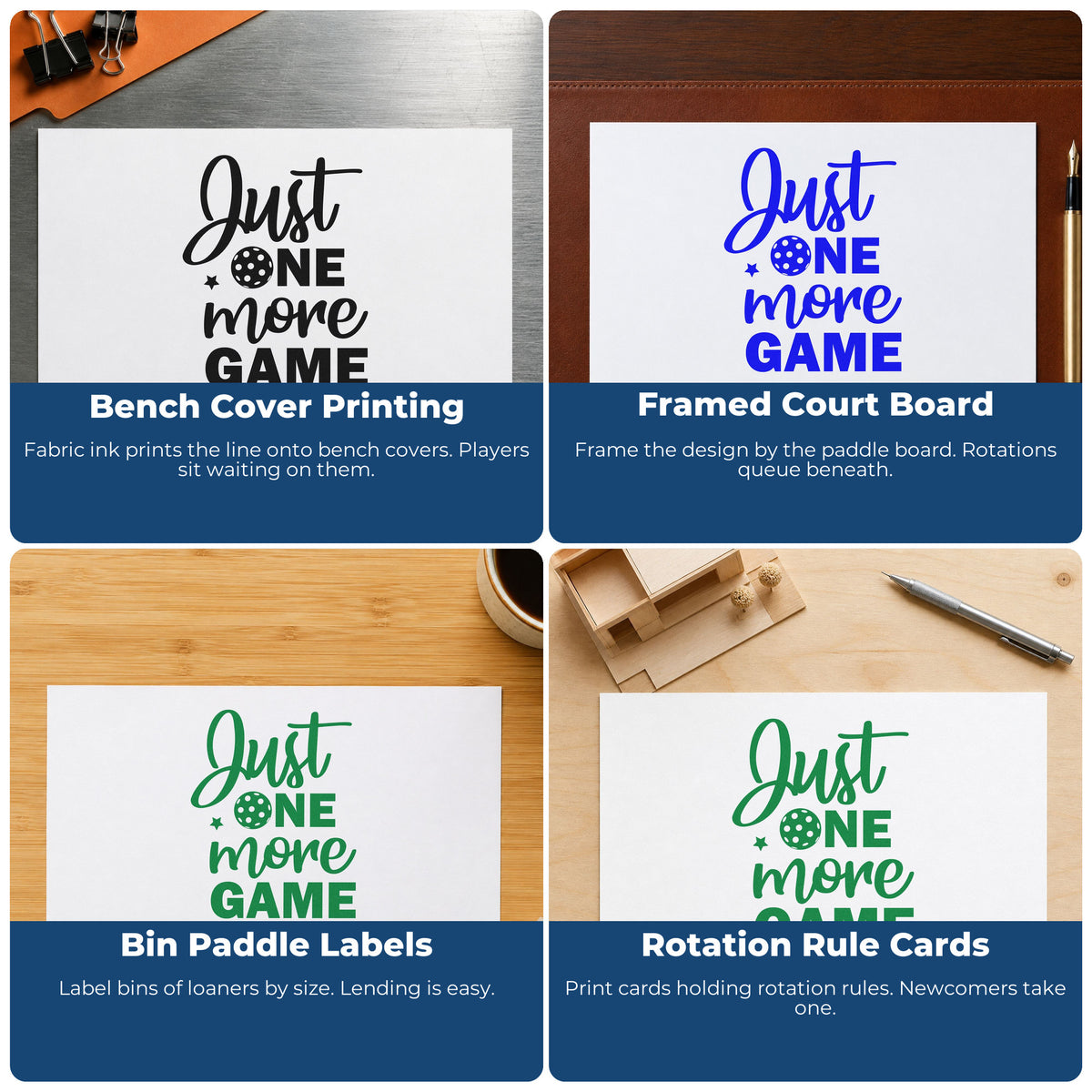 Four ways to use the Just One More Game Pickleball Pre-Inked Stamp – Slim: bench cover printing, framed court board, bin paddle labels and rotation rule cards.