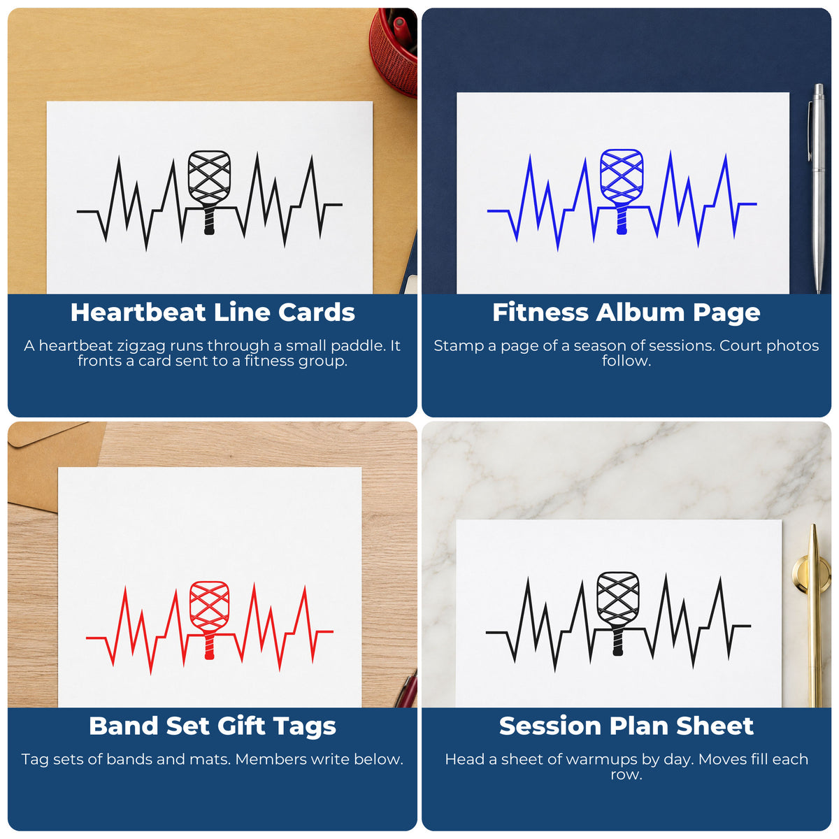 Four ways to use the Crosshatched Paddle Heartbeat Line Self-Inking Stamp: heartbeat line cards, fitness album page, band set gift tags and session plan sheet.