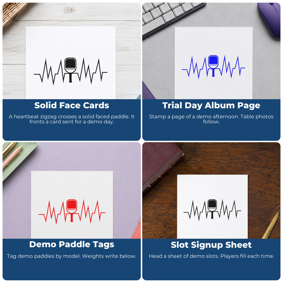 Four ways to use the Self-Inking Solid Paddle Heartbeat Line Stamp: solid face cards, trial day album page, demo paddle tags and slot signup sheet.