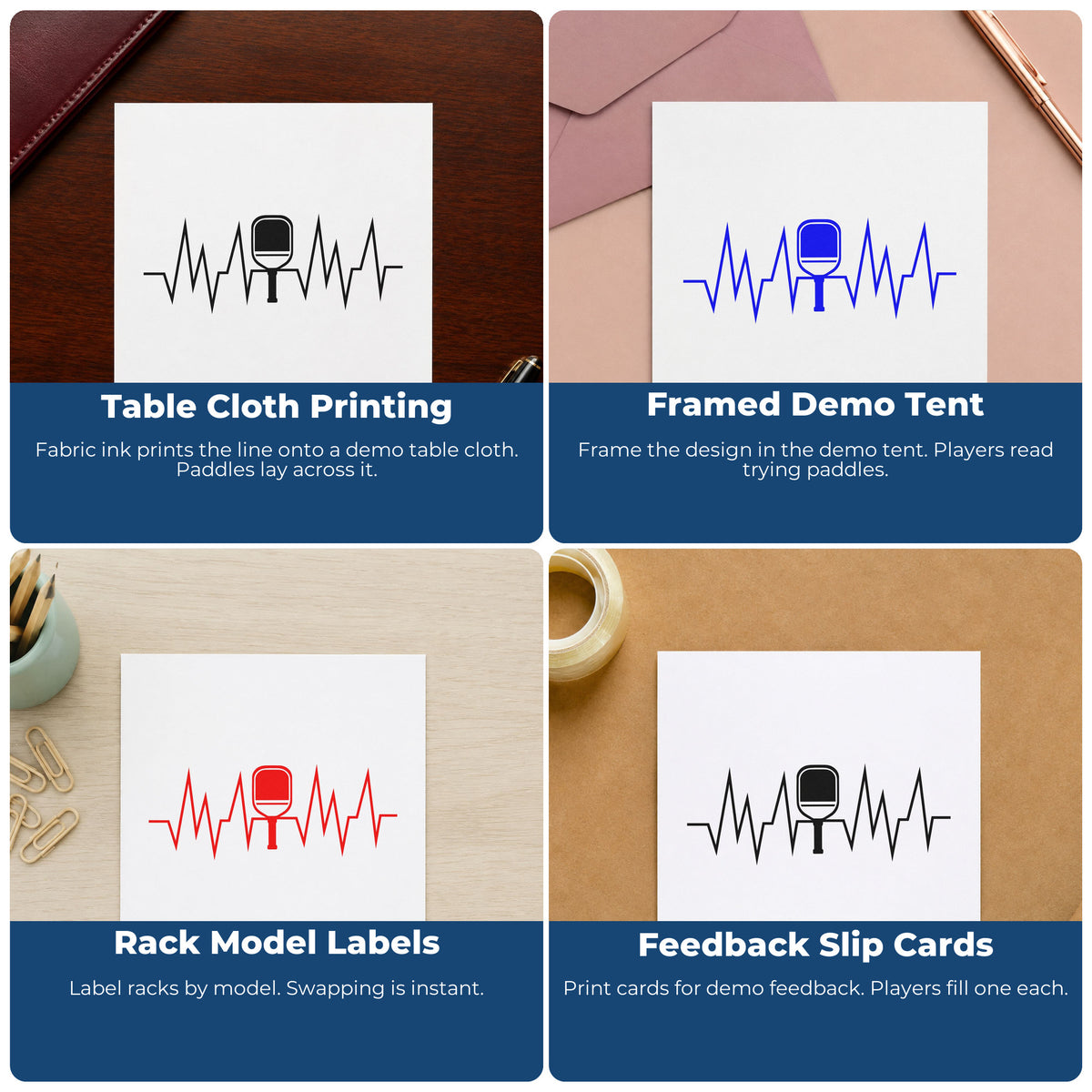 Four ways to use the Solid Paddle Heartbeat Line Rubber Stamp – Wood Handle: table cloth printing, framed demo tent, rack model labels and feedback slip cards.