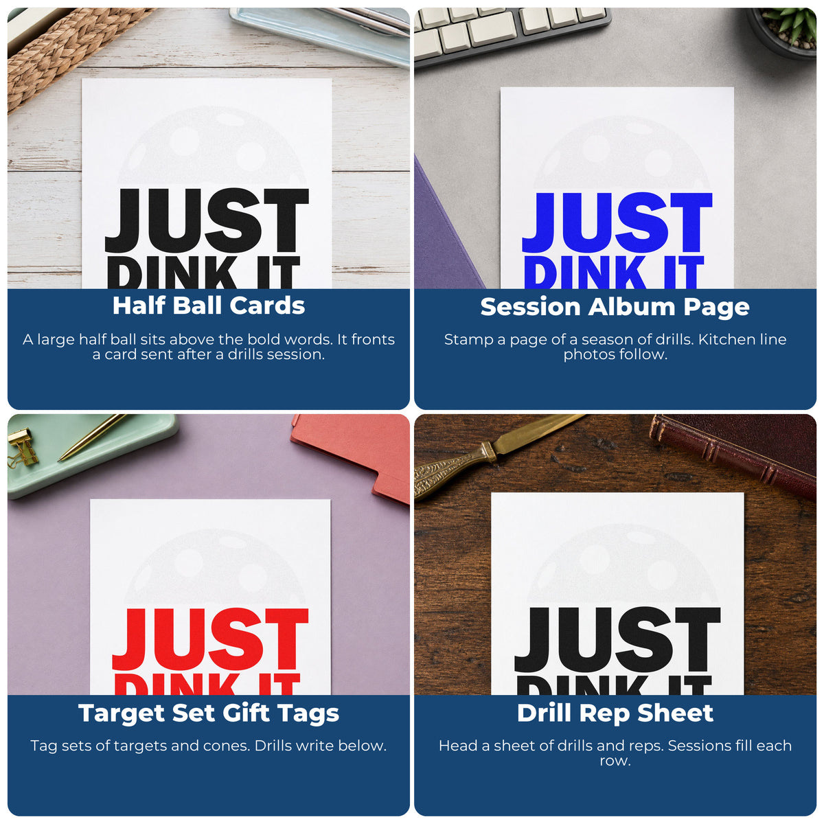Four ways to use the Just Dink It Ball Lettering Hand Stamp – Duo: half ball cards, session album page, target set gift tags and drill rep sheet.