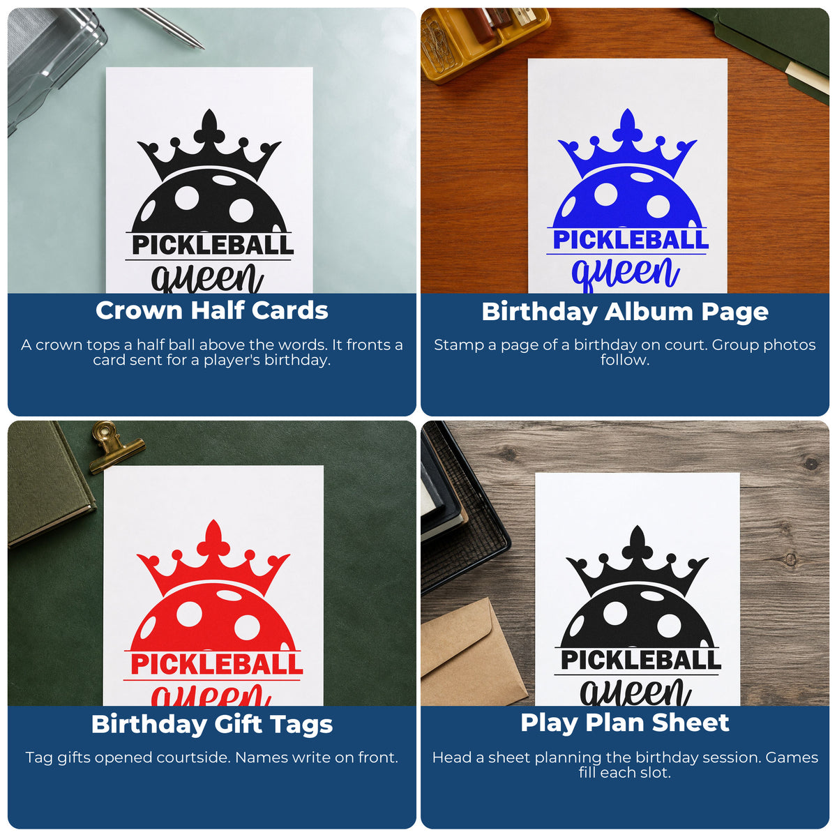Four ways to use the Pickleball Queen Crowned Ball Crown Premium Wooden Stamp - Vintage Pro: crown half cards, birthday album page, birthday gift tags and play plan sheet.