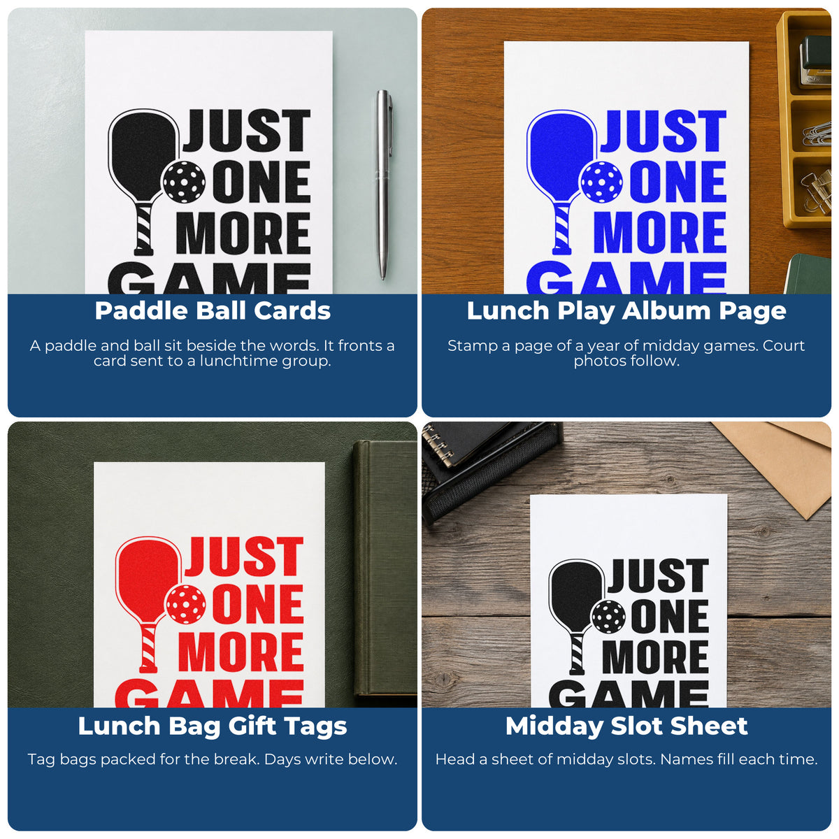 Four ways to use the Just One More Game Premium Wooden Stamp - Vintage Pro: paddle ball cards, lunch play album page, lunch bag gift tags and midday slot sheet.