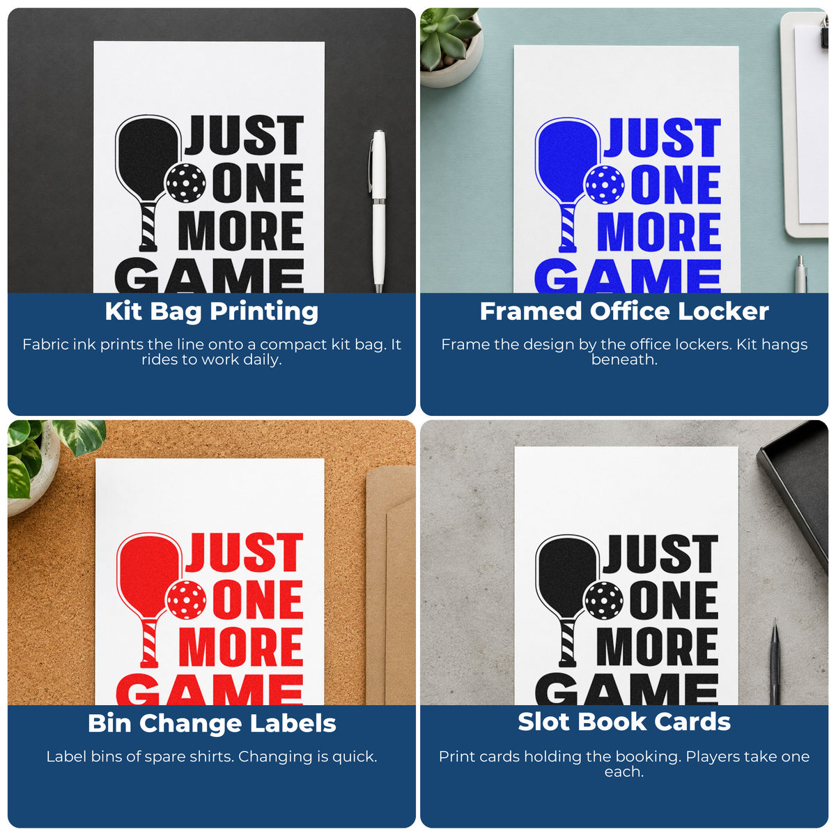 Four ways to use the Self-Inking Just One More Game Stamp: kit bag printing, framed office locker, bin change labels and slot book cards.