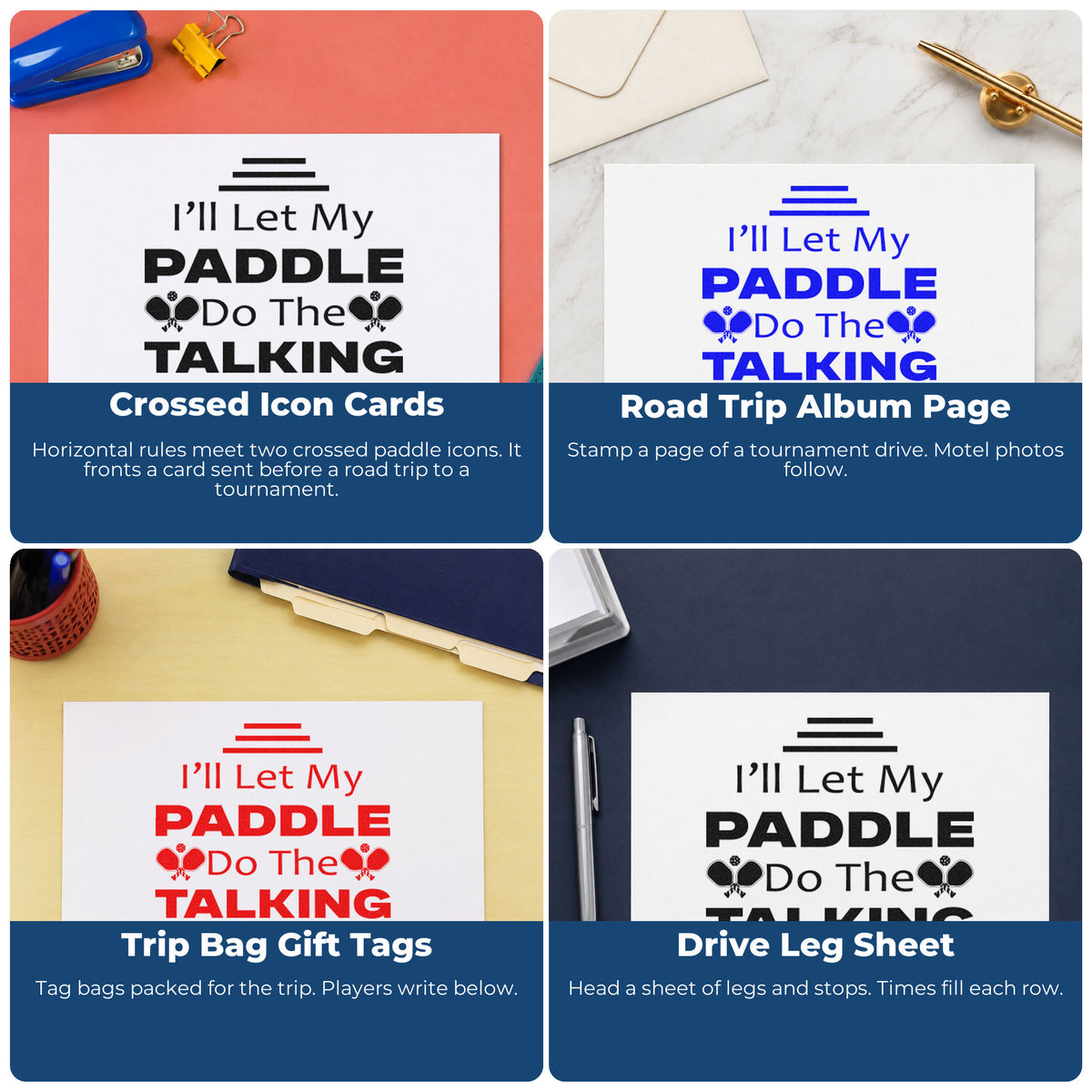 Four ways to use the I'll Let My Paddle Do The Talking Stamp – Self-Inking: crossed icon cards, road trip album page, trip bag gift tags and drive leg sheet.