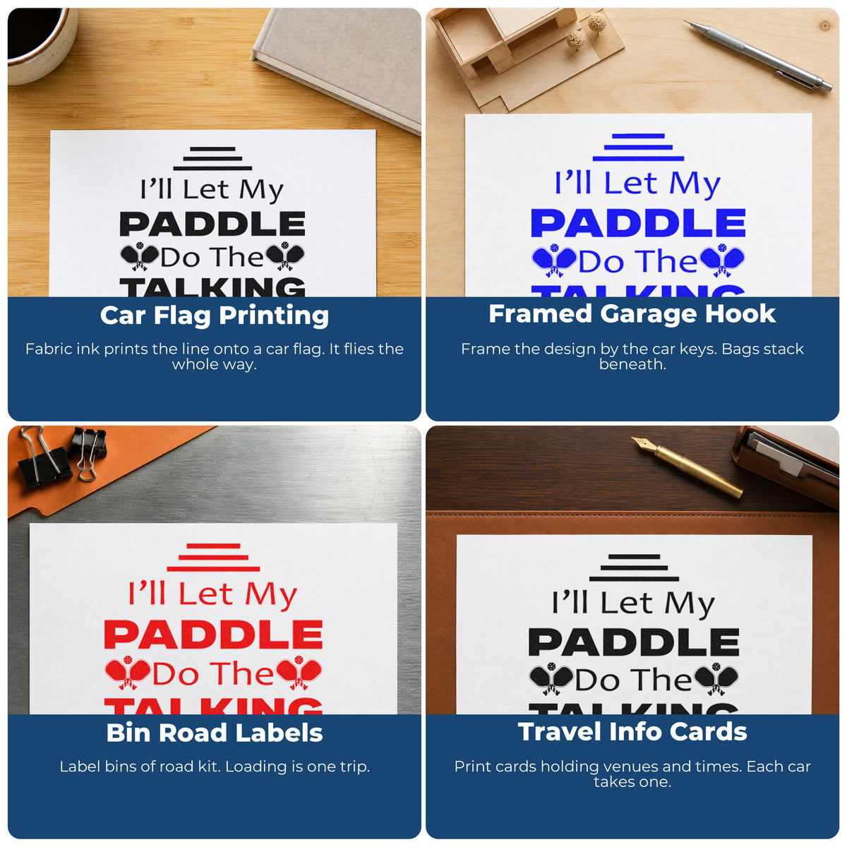 Four ways to use the I'll Let My Paddle Do The Talking Stamp – Slim Pre-Inked: car flag printing, framed garage hook, bin road labels and travel info cards.