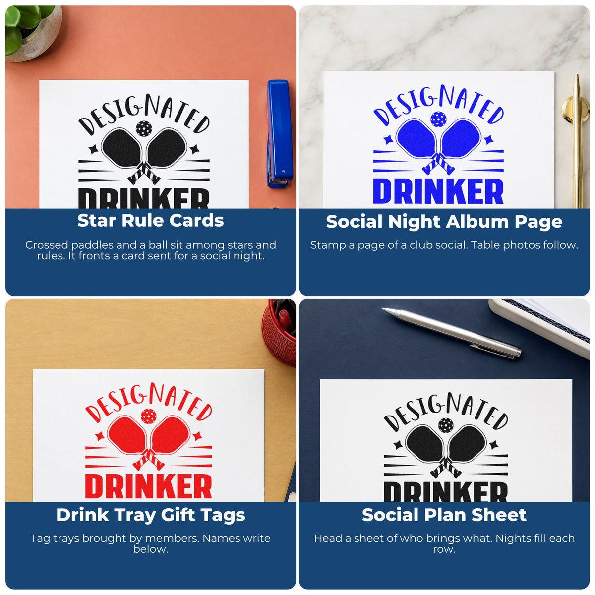 Four ways to use the Designated Drinker Pickleball Paddles Rubber Stamp – Duo Hand: star rule cards, social night album page, drink tray gift tags and social plan sheet.