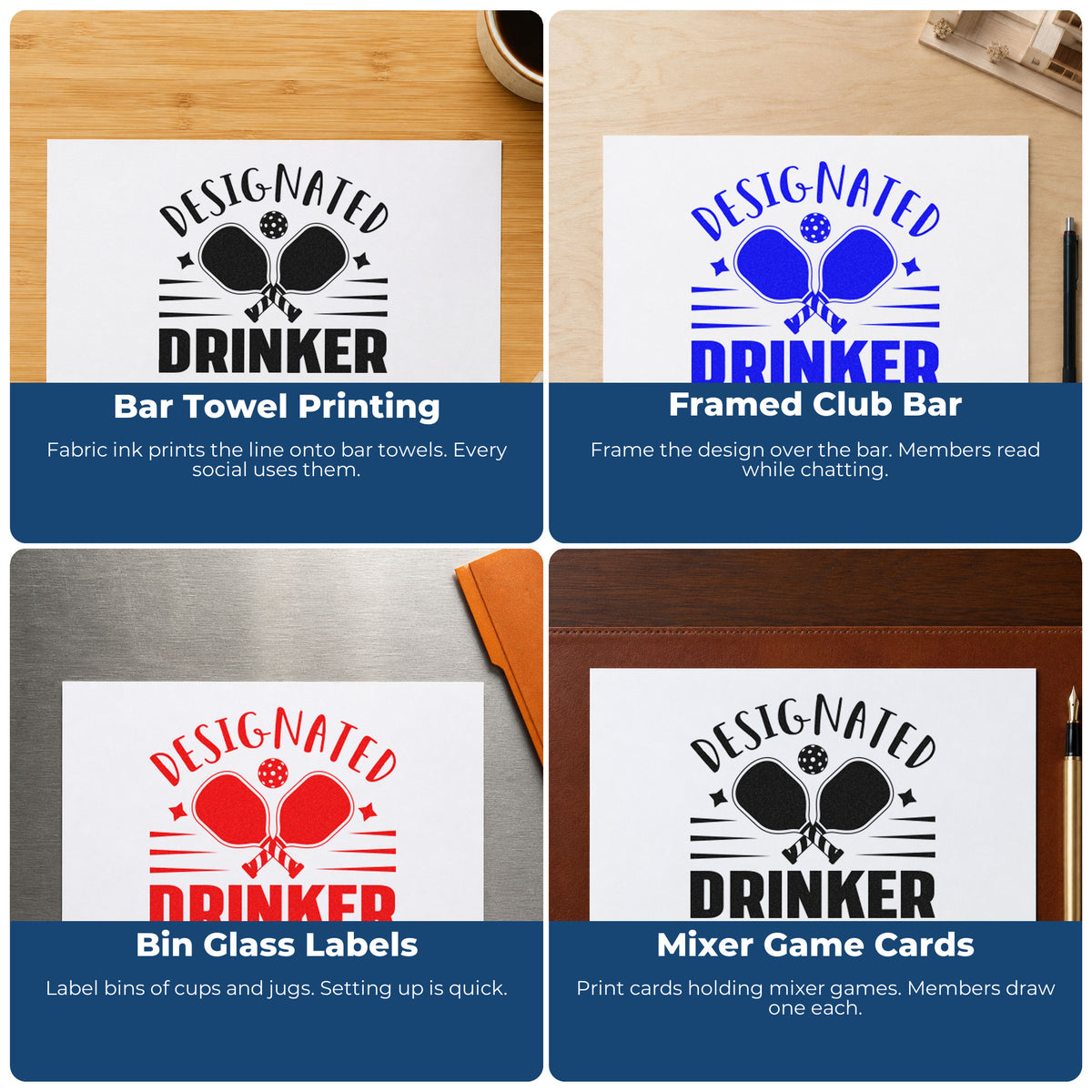 Four ways to use the Designated Drinker Pickleball Paddles Rubber Stamp – Duo Hand: bar towel printing, framed club bar, bin glass labels and mixer game cards.