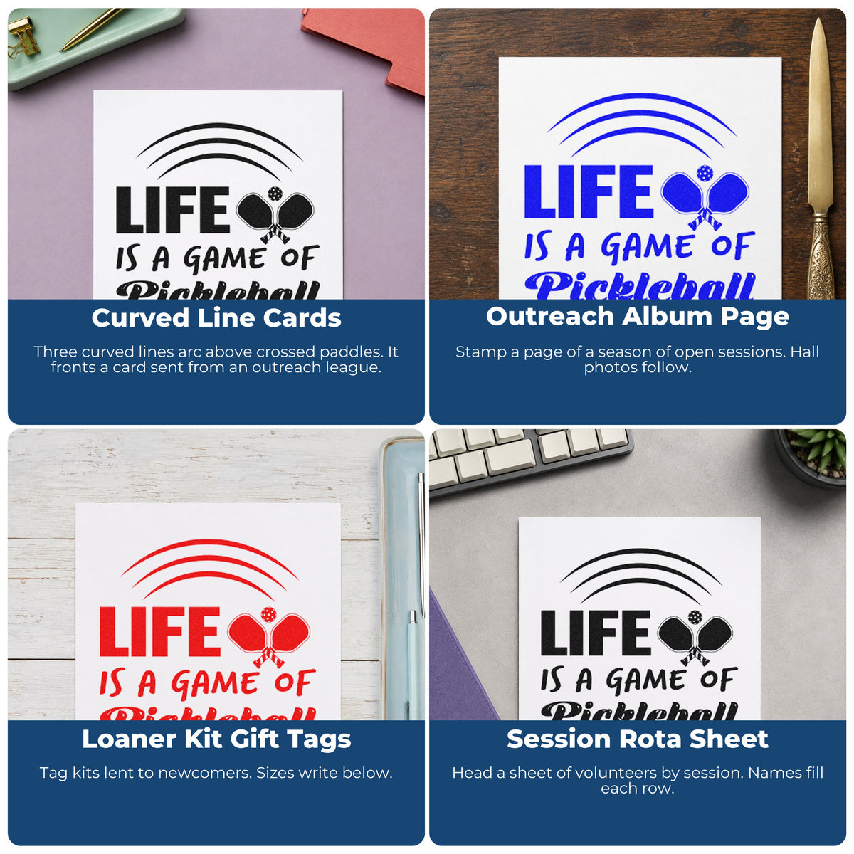 Four ways to use the Life Game Of Pickleball Self-Inking Craft Stamp: curved line cards, outreach album page, loaner kit gift tags and session rota sheet.