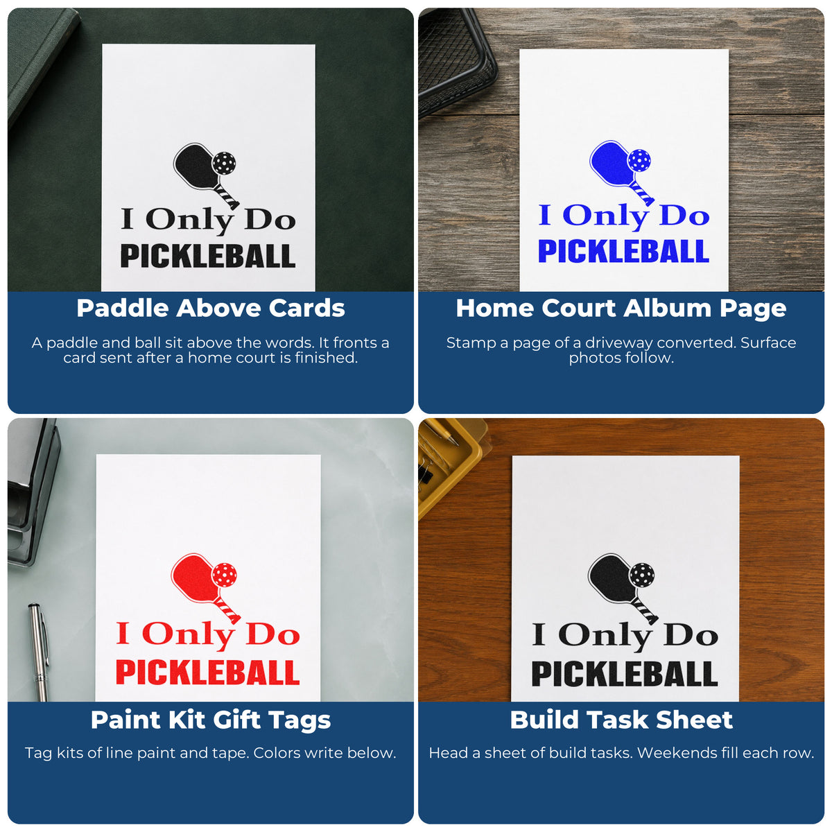 Four ways to use the Only Do Pickleball Paddle Stamp – Duo Hand: paddle above cards, home court album page, paint kit gift tags and build task sheet.