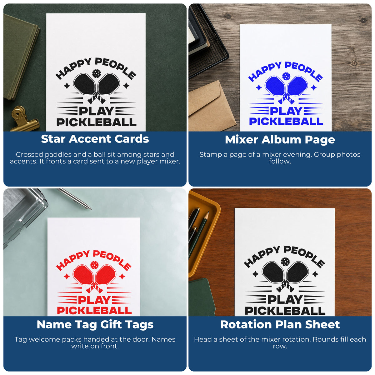 Four ways to use the Premium Wooden Happy People Play Pickleball Paddle Stamp - Vintage Pro: star accent cards, mixer album page, name tag gift tags and rotation plan sheet.