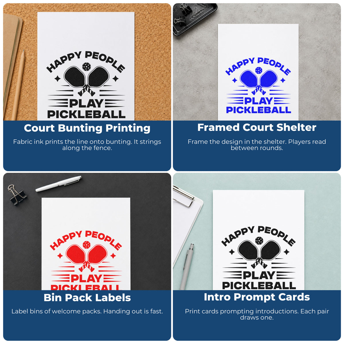 Four ways to use the Wood Handle Happy People Play Pickleball Paddle Rubber Stamp: court bunting printing, framed court shelter, bin pack labels and intro prompt cards.