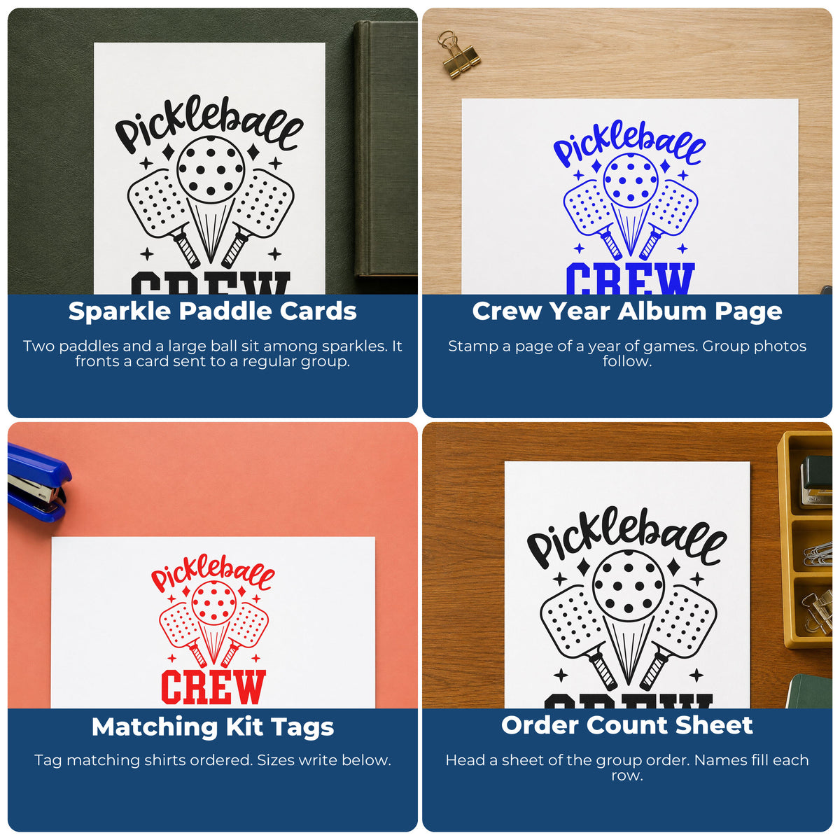 Four ways to use the Pickleball Crew Paddles Ball With Sparkles Stamp - Premium Vintage Pro Wooden: sparkle paddle cards, crew year album page, matching kit tags and order count sheet.