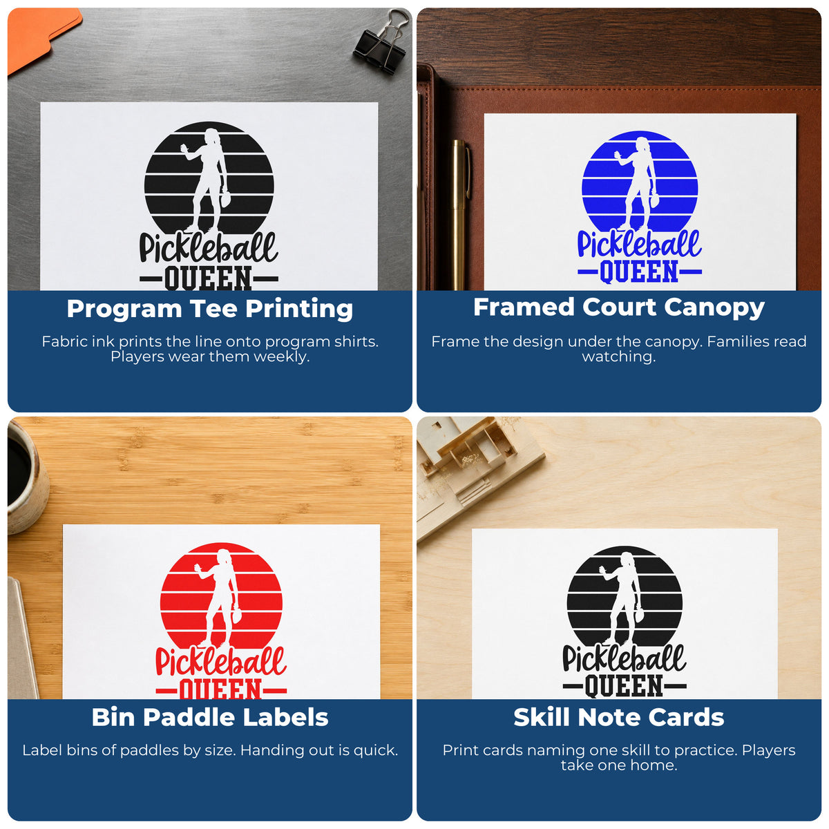 Four ways to use the Pickleball Queen Player Silhouette Wood Handle Stamp: program tee printing, framed court canopy, bin paddle labels and skill note cards.
