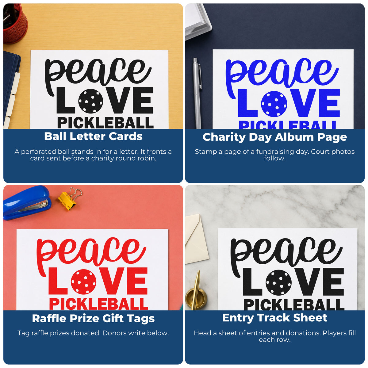Four ways to use the Peace Love Pickleball Hand Stamp – Duo: ball letter cards, charity day album page, raffle prize gift tags and entry track sheet.