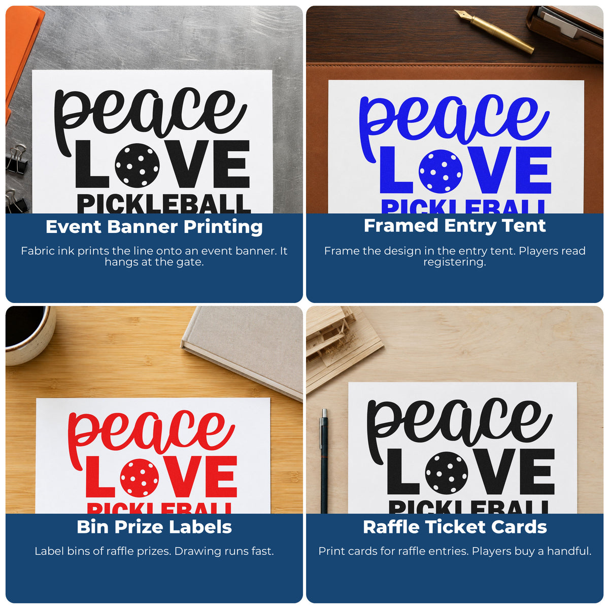 Four ways to use the Peace Love Pickleball Hand Stamp – Duo: event banner printing, framed entry tent, bin prize labels and raffle ticket cards.