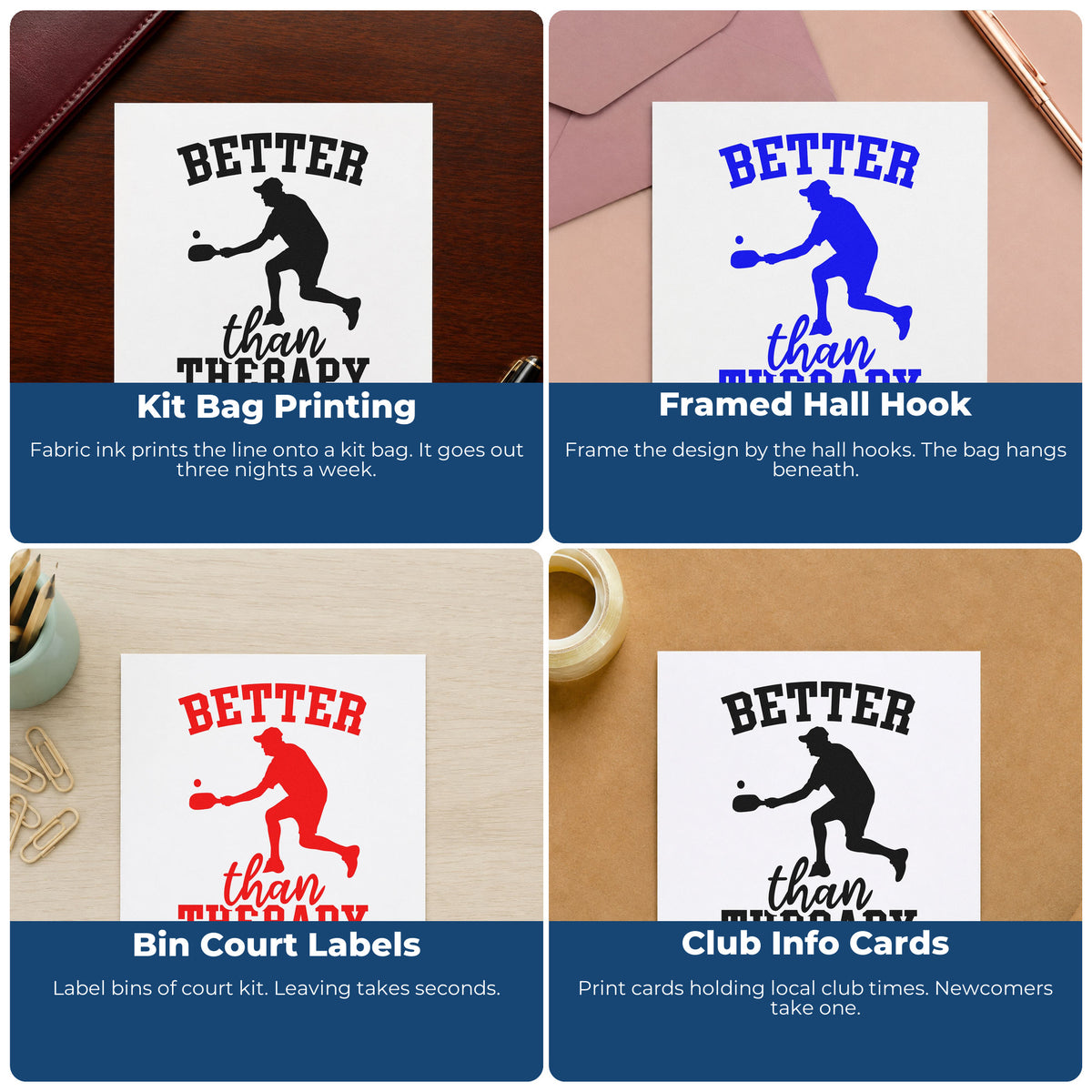 Four ways to use the Better Than Therapy Pickleball Rubber Stamp – Duo Hand: kit bag printing, framed hall hook, bin court labels and club info cards.
