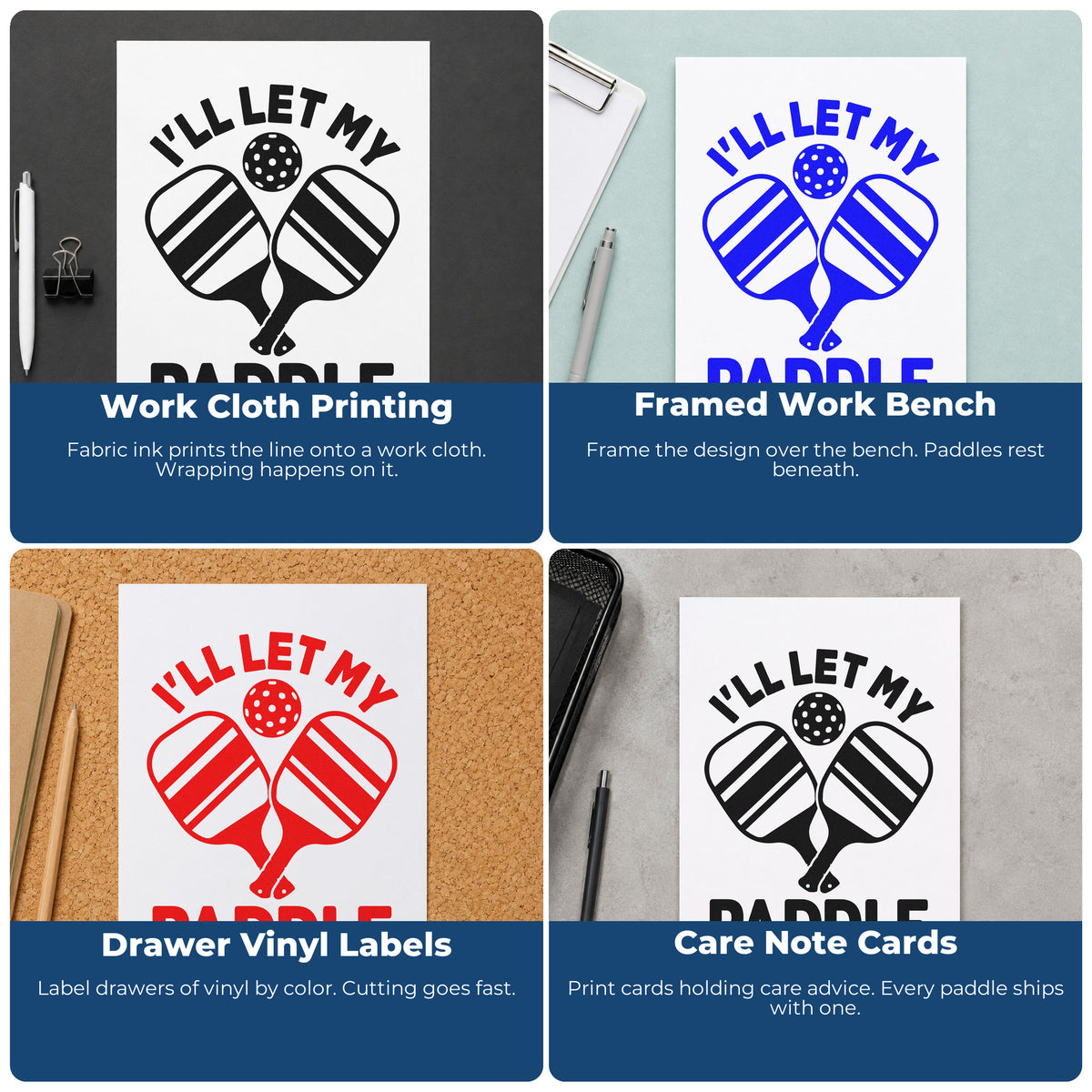 Four ways to use the Let Paddle Do Talking Stamp – Slim Pre-Inked: work cloth printing, framed work bench, drawer vinyl labels and care note cards.