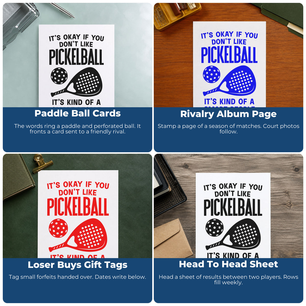Four ways to use the Pickleball Smart People Sport Wood Handle Stamp: paddle ball cards, rivalry album page, loser buys gift tags and head to head sheet.