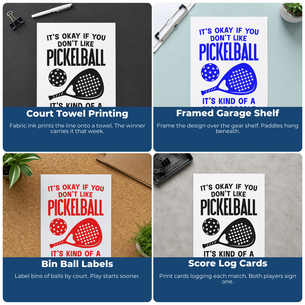 Four ways to use the Pickleball Smart People Sport Pre-Inked Stamp – PSI: court towel printing, framed garage shelf, bin ball labels and score log cards.