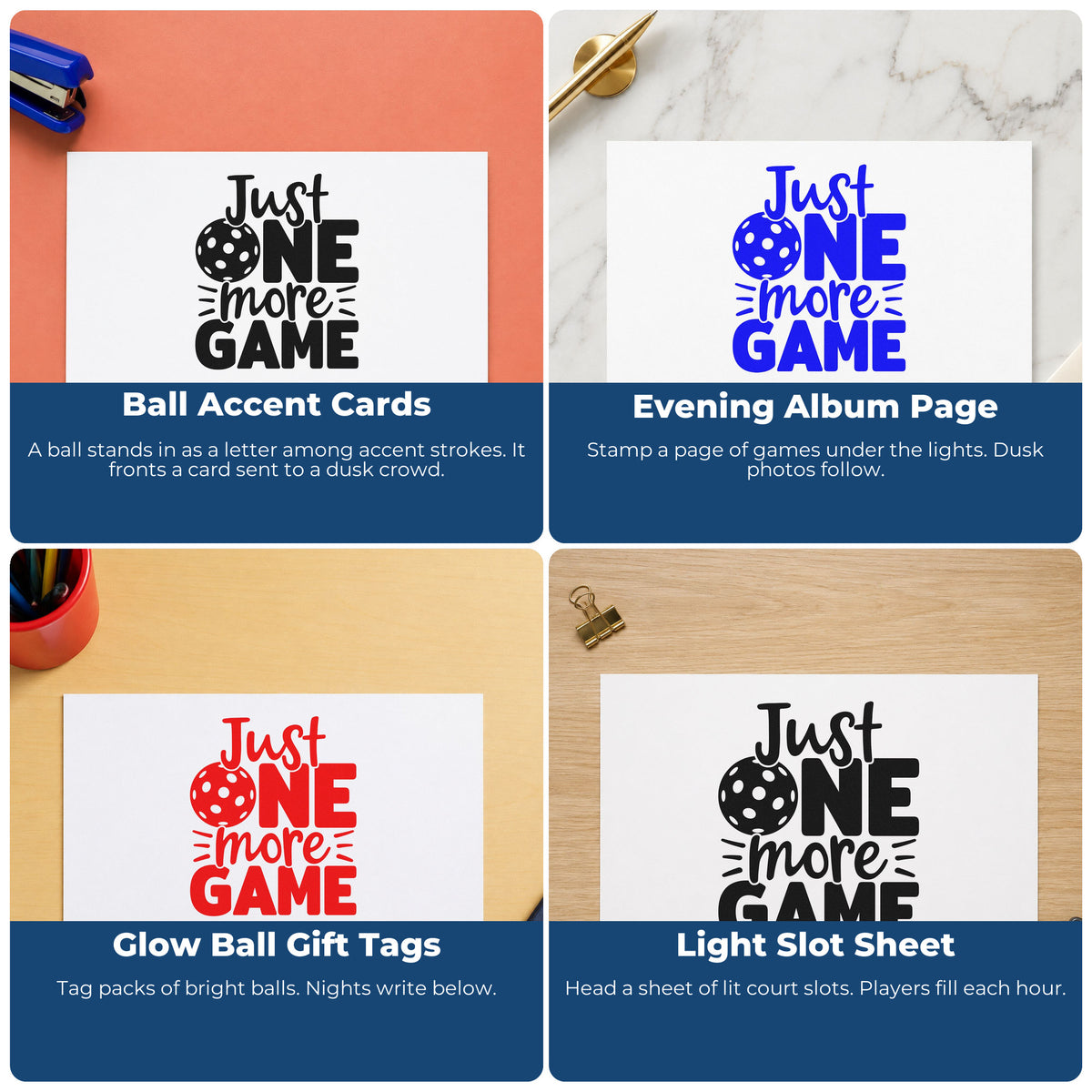 Four ways to use the Just One More Game Pickleball Lettering Compact Pre-Inked Stamp – Slim: ball accent cards, evening album page, glow ball gift tags and light slot sheet.