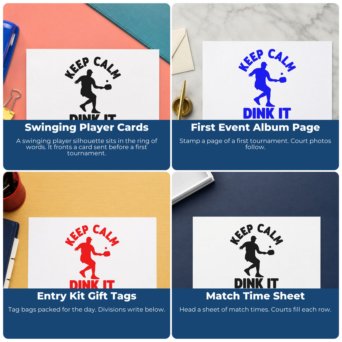 Four ways to use the Premium Wooden Keep Calm Dink It Paddle Stamp - Vintage Pro: swinging player cards, first event album page, entry kit gift tags and match time sheet.