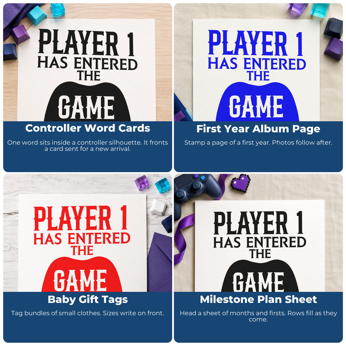 Four ways to use the Player One Entered Game Self-Inking Craft Stamp: controller word cards, first year album page, baby gift tags and milestone plan sheet.