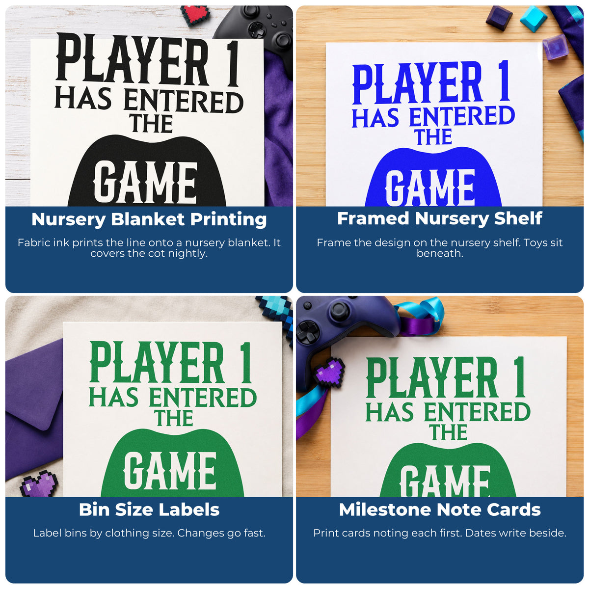 Four ways to use the Slim Pre-Inked Player One Entered Game Stamp: nursery blanket printing, framed nursery shelf, bin size labels and milestone note cards.