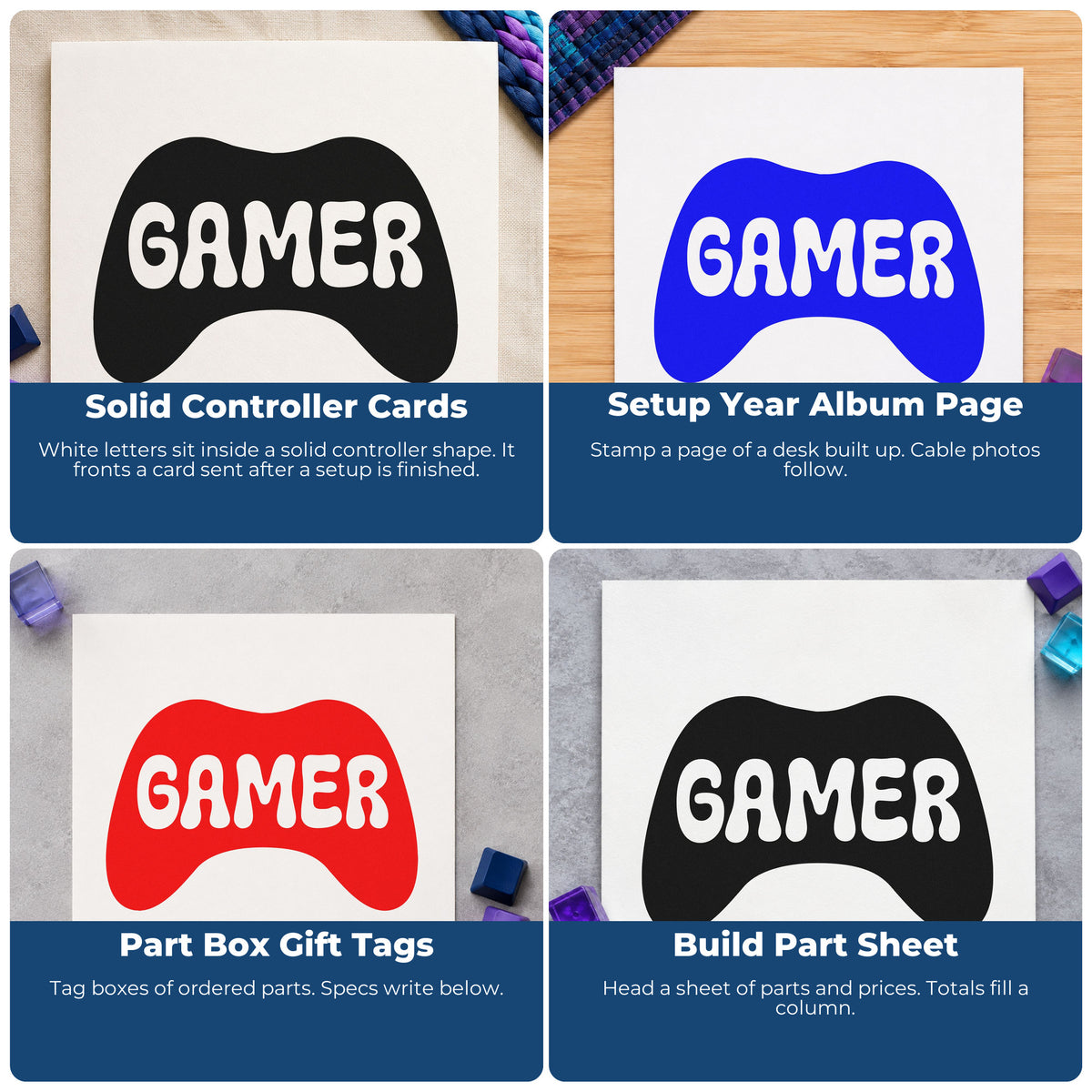 Four ways to use the Gamer Controller Silhouette Lettering Wood-Mounted Rubber Stamp: solid controller cards, setup year album page, part box gift tags and build part sheet.