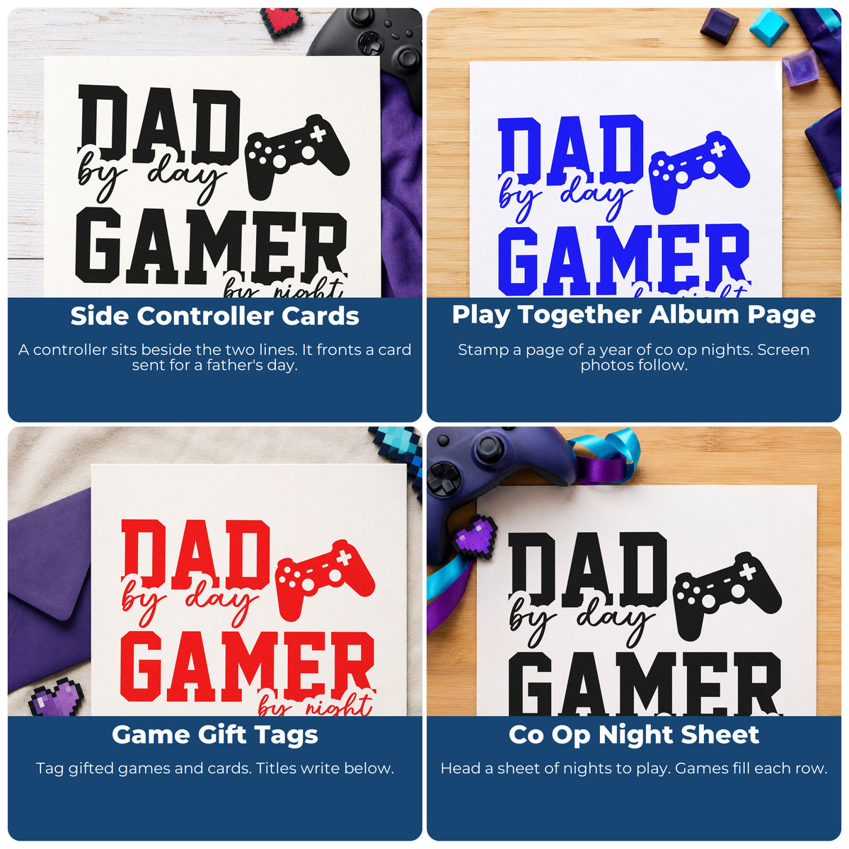Four ways to use the Vintage Pro Dad Day Gamer Night Premium Wooden Stamp: side controller cards, play together album page, game gift tags and co op night sheet.