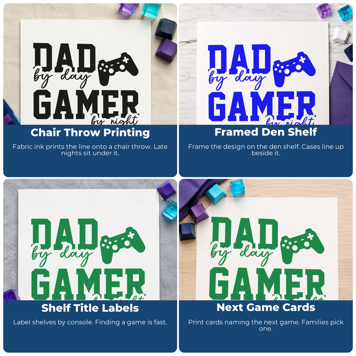 Four ways to use the Vintage Pro Dad Day Gamer Night Premium Wooden Stamp: chair throw printing, framed den shelf, shelf title labels and next game cards.