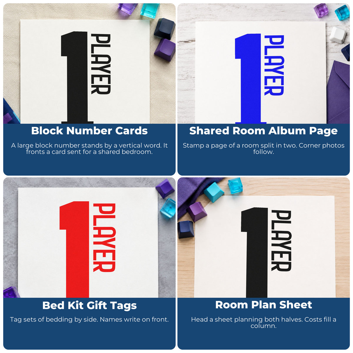 Four ways to use the Duo Hand Player One Bold Number Rubber Stamp: block number cards, shared room album page, bed kit gift tags and room plan sheet.