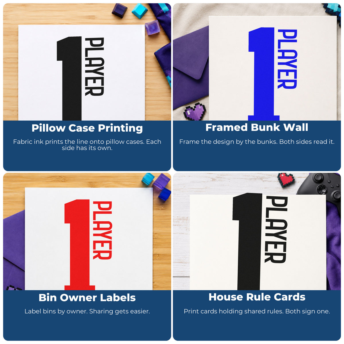Four ways to use the Duo Hand Player One Bold Number Rubber Stamp: pillow case printing, framed bunk wall, bin owner labels and house rule cards.