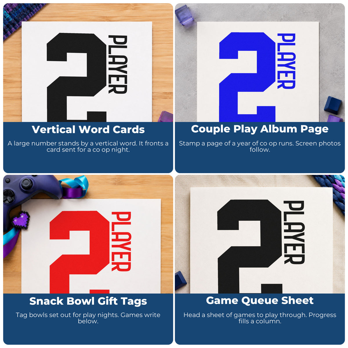 Four ways to use the Player Two Bold Number Block Lettering Stamp - Premium Vintage Pro Wooden: vertical word cards, couple play album page, snack bowl gift tags and game queue sheet.