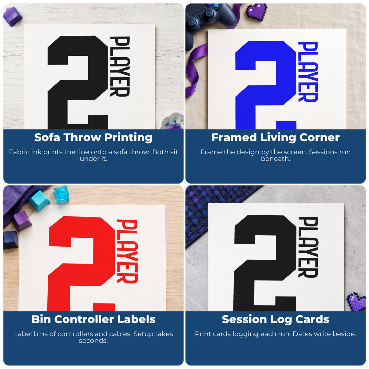 Four ways to use the Player Two Bold Number Block Lettering Hand Stamp – Duo: sofa throw printing, framed living corner, bin controller labels and session log cards.