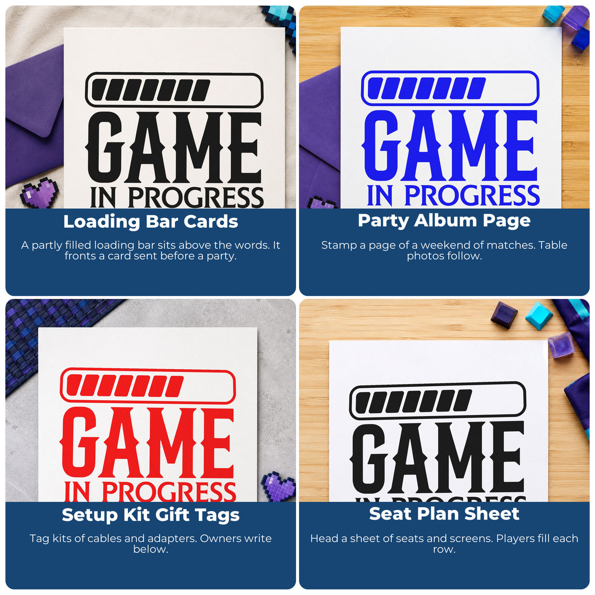 Four ways to use the Game In Progress Loading Rubber Stamp – Duo Hand: loading bar cards, party album page, setup kit gift tags and seat plan sheet.