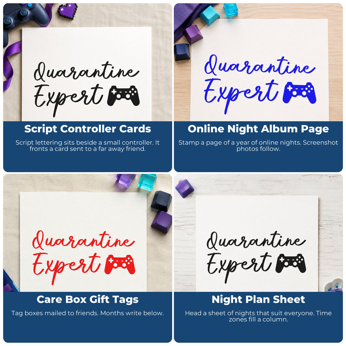 Four ways to use the Quarantine Expert Gaming Controller Script Lettering Premium Wooden Stamp - Vintage Pro: script controller cards, online night album page, care box gift tags and night plan sheet.